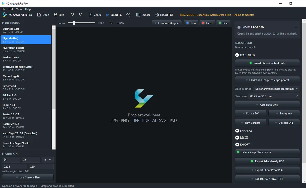 4C ArtworkFix Pro: a dark editor with print products on the left and Smart Fix tools on the right.