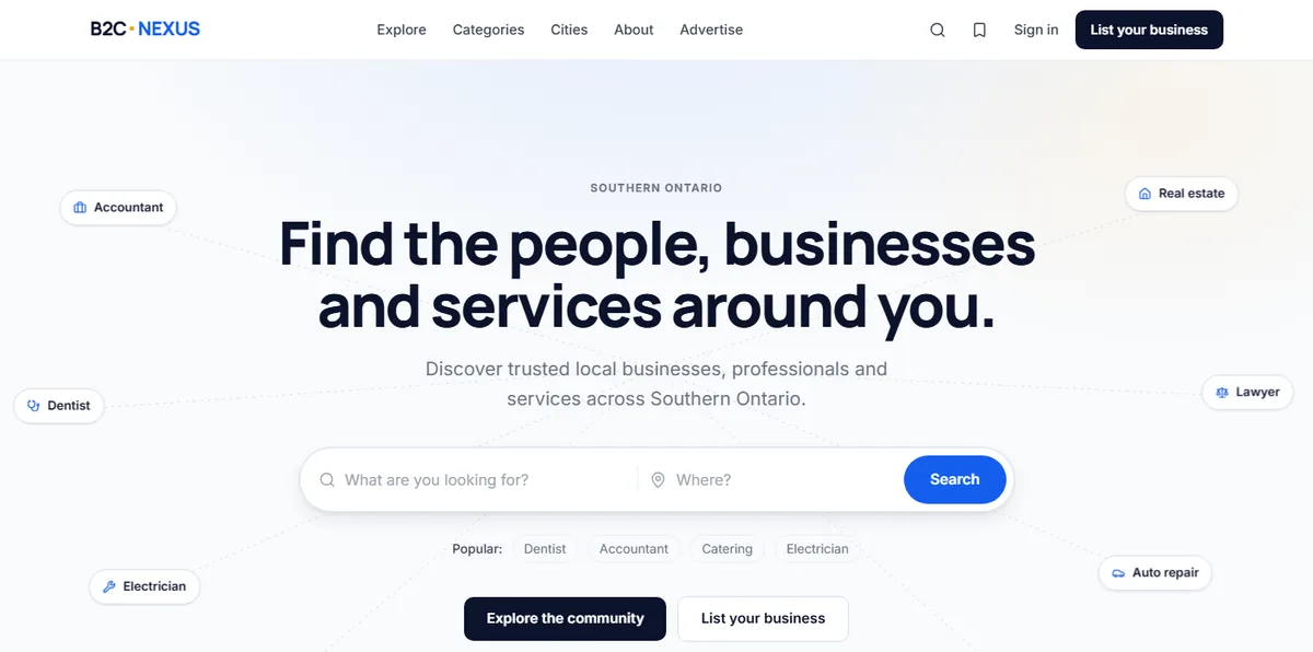 B2C NEXUS: a search page for local businesses and services across Southern Ontario.