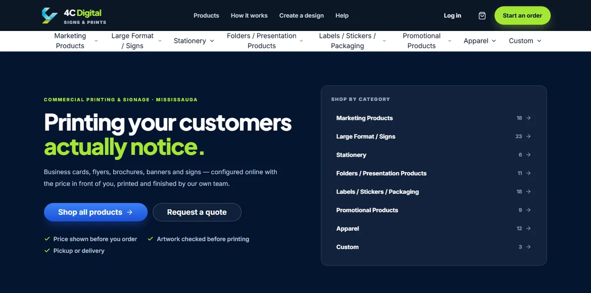 The 4C Digital print shop home page, with categories from marketing products to apparel.
