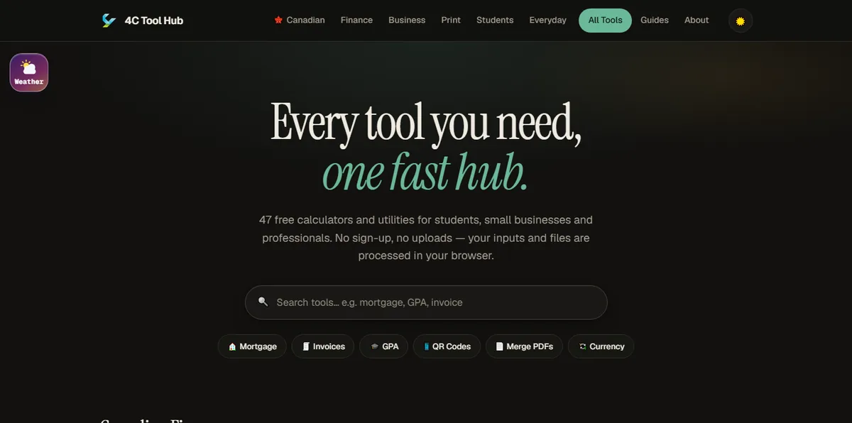 4C Tool Hub: a dark home page with a search box and tool shortcuts.